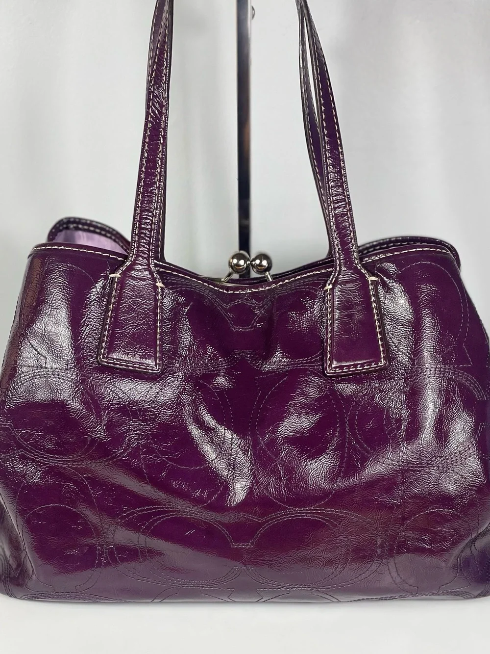 Coach Signature Stitch Plum Patent Leather Kiss-lock Carryall Y2K